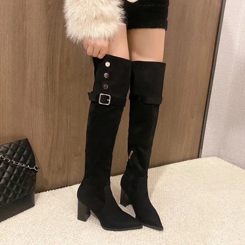 Women Over The Knee Boots Suede Sexy High Heels Ladies Buckle Long Boots New Warm Female Shoes Slim Thigh High Boots Party Pumps