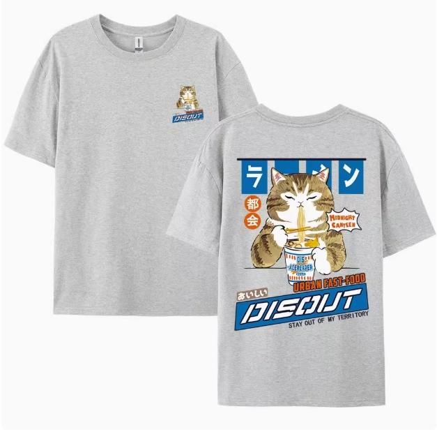 Japan Style Harajuku Cat Cartoon Eating Noodles Graphic Men's Tshirts Oversized T Shirt Clothing Casual Unisex Short Sleeve Tees