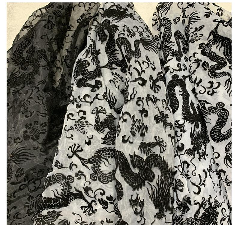 1yard Dragon Pattern Organza Flocking Fabric Flocked Yarn Gauze Fabrics for Chinese Style Material Dress Cheongsam Hanfu Scarf
