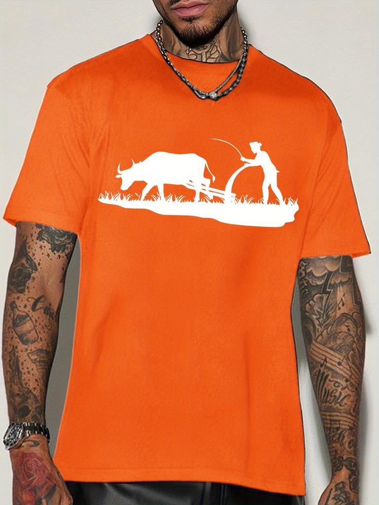 Vintage Farming Unisexs Crew Neck Cotton T Shirt Farmer Plowing With Ox Silhouette Print Short Sleeve Countryside Casual Street Top