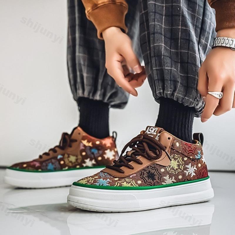 Fashion 2025 Spring New Retro Flower Print Fashion Trend Casual Shoes Men's Comfortable Shallow Mouth Thick Soled Sports Chunky sneakers