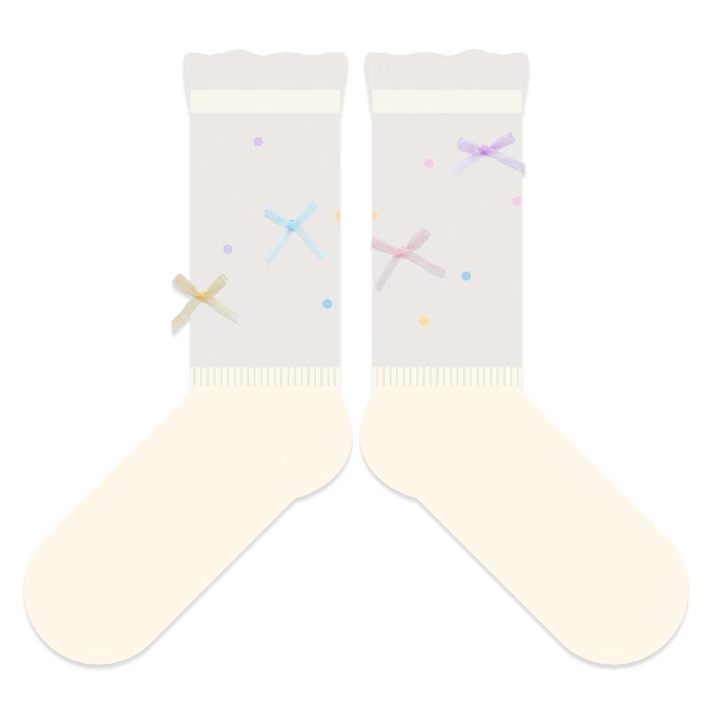 Thin Style Children's Socks - Summer Cotton, Sweet Bow, Bubble Yarn, Frilly Mid-calf Pile-up Socks