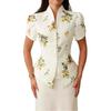 2025 Summer Floral Semi-High Collar Short Sleeve Bodycon Skirt Set