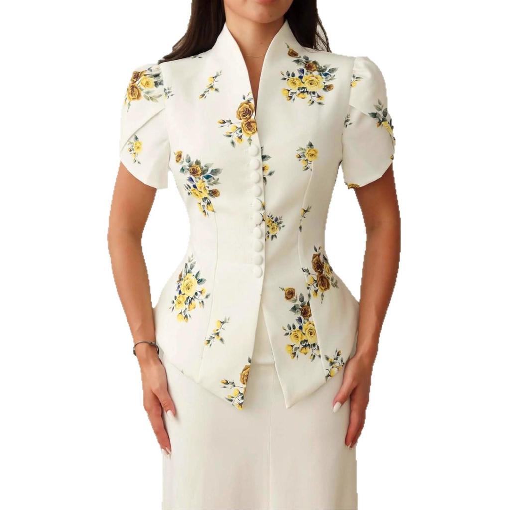 2025 Summer Floral Semi-High Collar Short Sleeve Bodycon Skirt Set