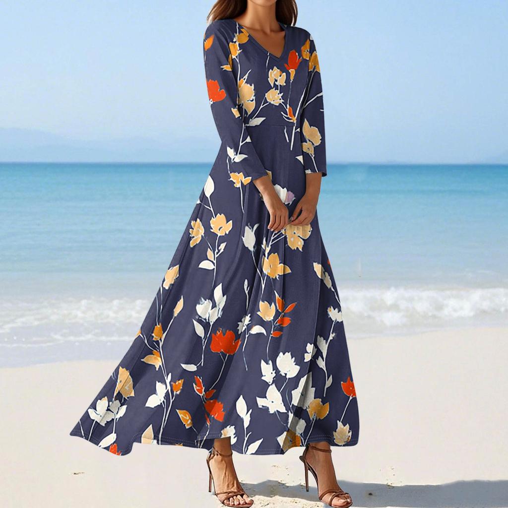 Women's Fashion V-Neck Floating Beach Dresses Seven Sleeve Floral Printed Dresses