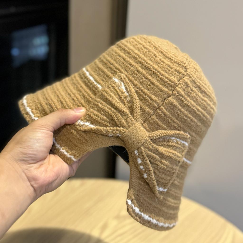 New Korean Style Knitted Bow Fisherman Hat for Women Versatile Face Showing Small Basin Hat Foldable Autumn and Winter Bucket Hat
