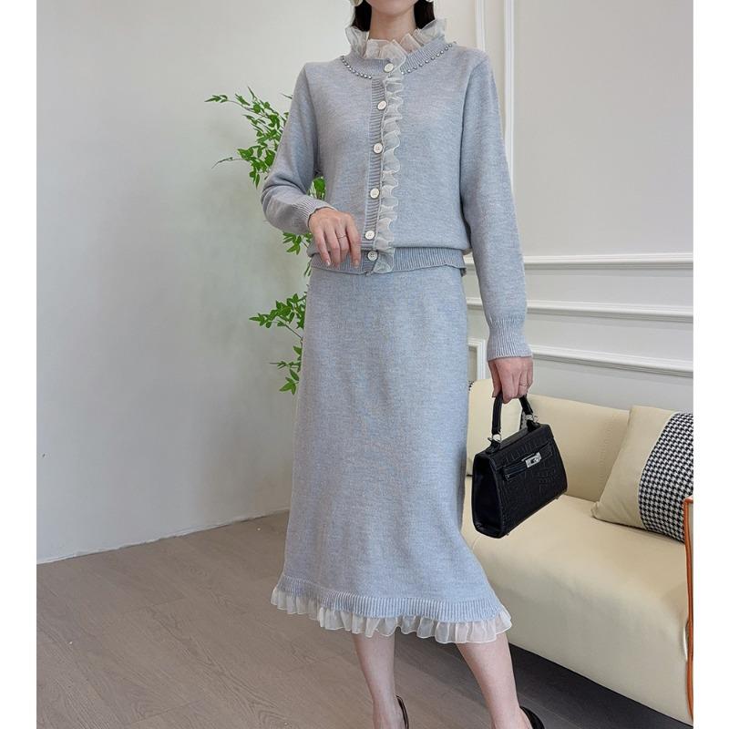Celebrity sweater two-piece set autumn and winter fashion lace skirt + knitted cardigan set