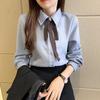 Preppy Style Bow Button Solid Color Sanding Shirt Spring Autumn New Peter Pan Collar Long Sleeve Loose Top Women's Clothing