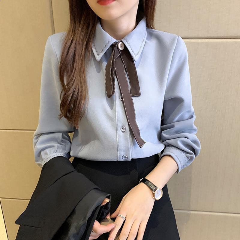 Preppy Style Bow Button Solid Color Sanding Shirt Spring Autumn New Peter Pan Collar Long Sleeve Loose Top Women's Clothing