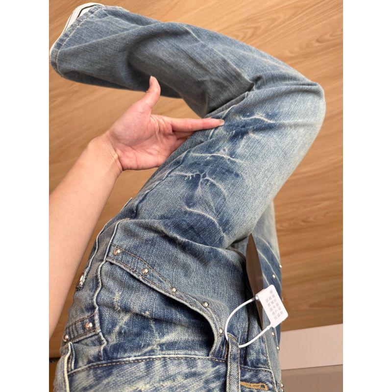 Women's Retro Blue Rivet Wide-Leg Jeans: Spring/Autumn 2025 Distressed Street Style Straight-Leg Pants