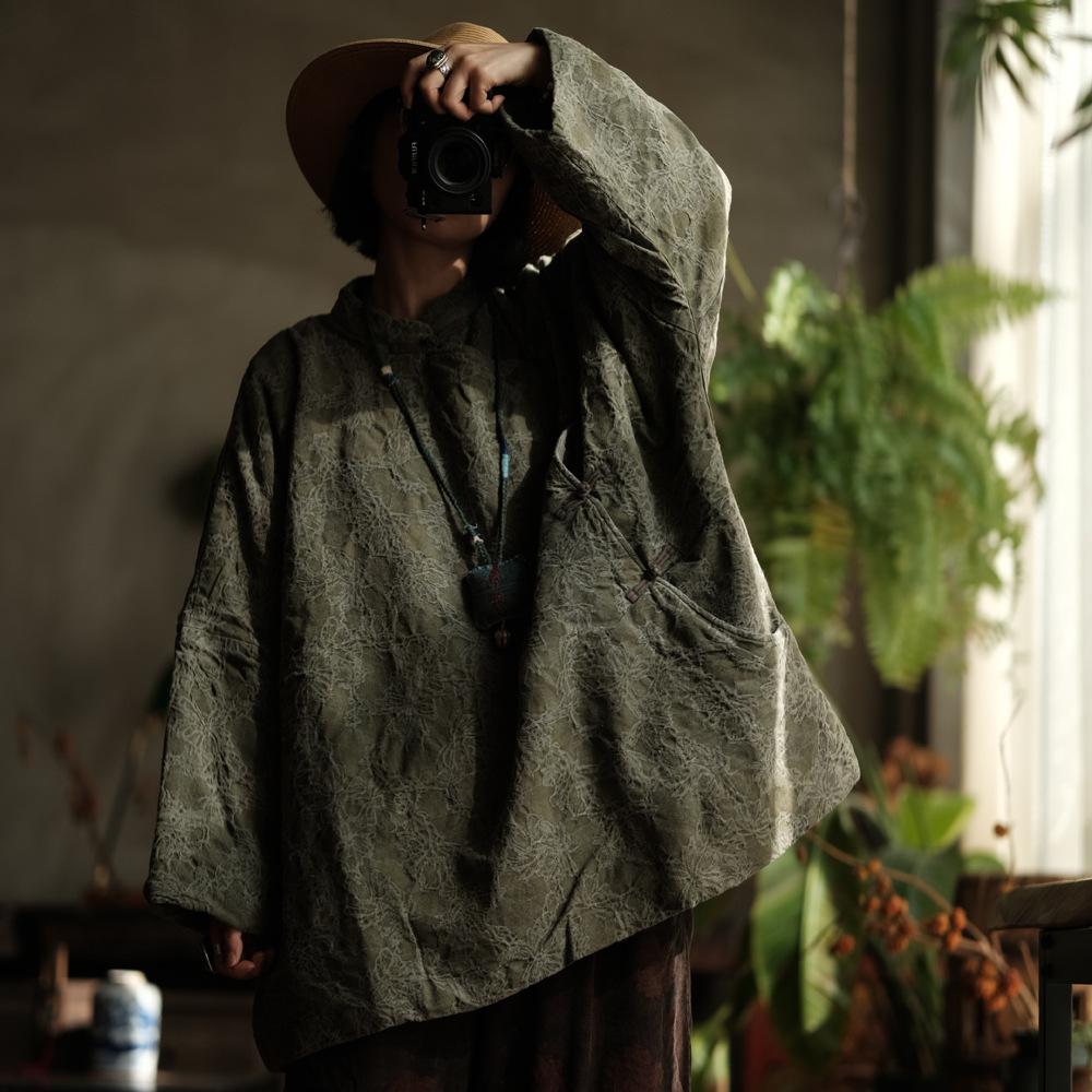 

Johnature Vintage Women Stand Long Sleeve Coats Autumn Button Jacquard Chinese Style Coats One Size зелёный