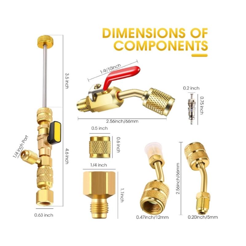 Small Ball Valves Core Extractor Kit Includes Brass Adapters Sealing Washers for R410A R22 32 Refrigerants Ports Use