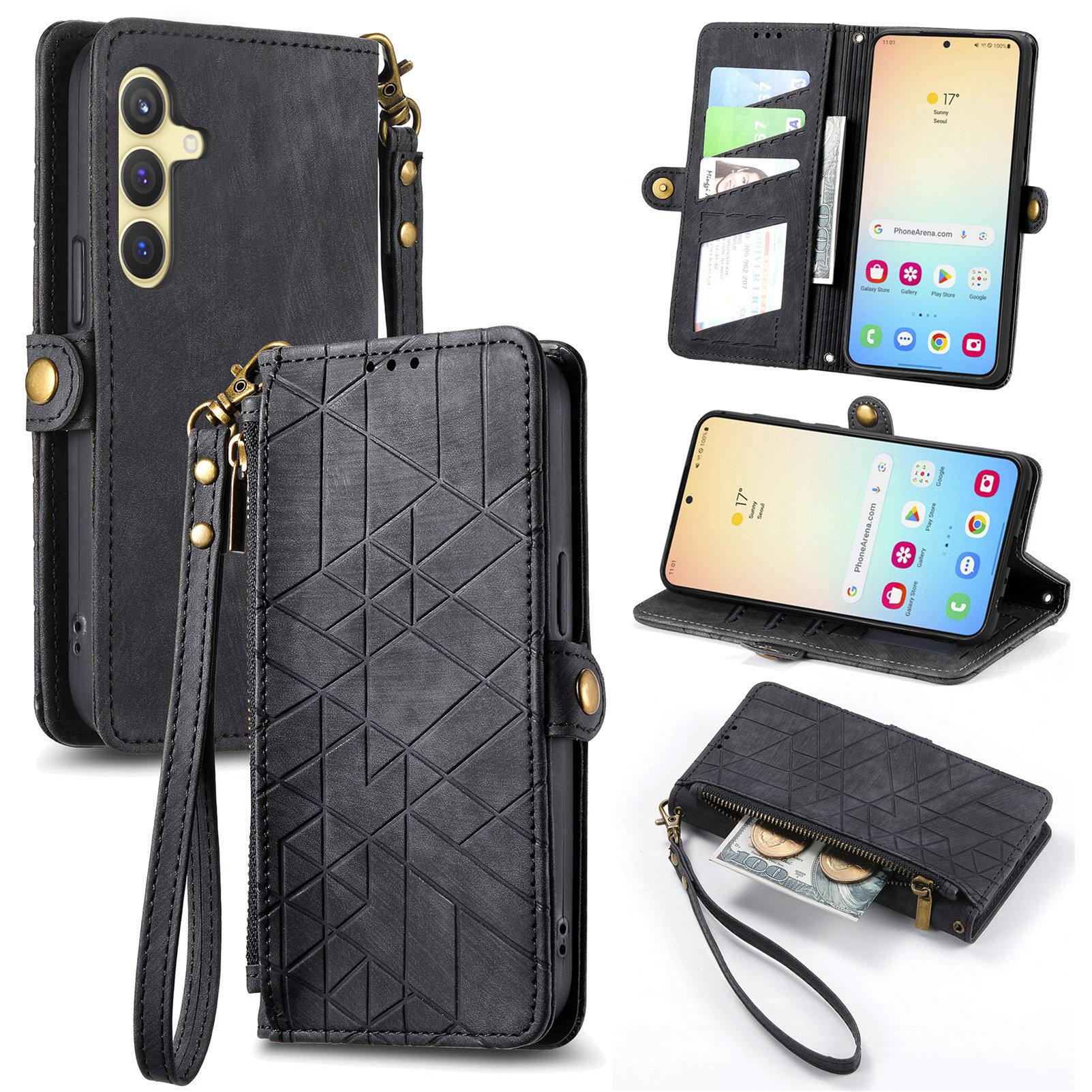 

For Samsung Galaxy S25+ Zipper Wallet Case Geometry Lines Leather Phone Cover with Strap Black