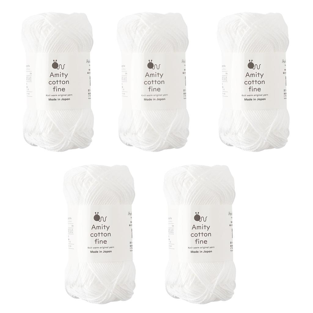 Knitworm Amity Cotton 25g Made In White Fine, 5-Pack, Medium-Fine, (Approx. 80m), 100% Cotton, Japan,