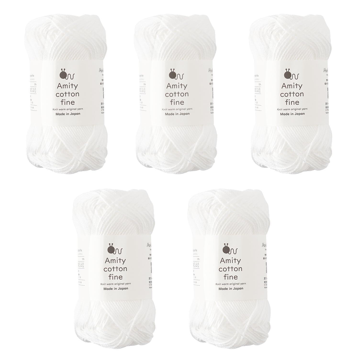 

Knitworm Amity Cotton 25g Made in White Fine, 5-Pack, Medium-Fine, (Approx. 80m), 100% Cotton, Japan,