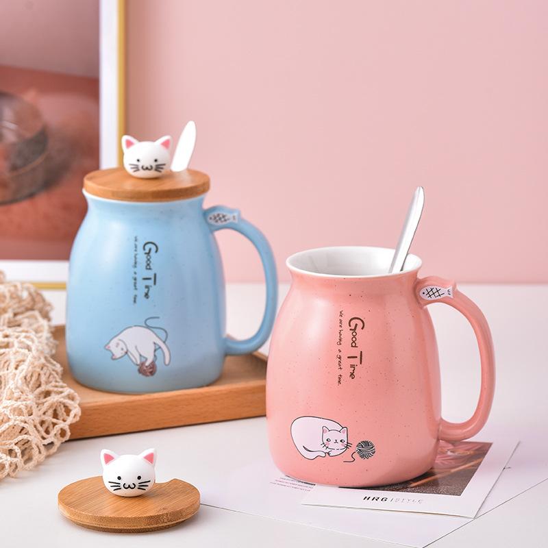 Niedliche Cartoon Katze Keramiktasse mit Deckel Löffel Große Kapazität Haushaltskaffeetasse Milchbecher
