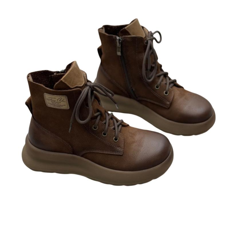 Fashion GKTINOO Lace Up Women Ankle Boots Round Toe Platform Shoes Woman Flats Short Boots Thick Sole Genuine Leather Women Shoes