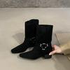 2025 New European and American Small Square Head Metal Buckle Thick Heel Short Boots Women's Fashion Suede Western Boots Medium Boots Short Boots