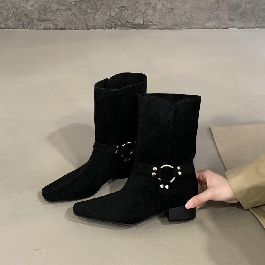 2025 New European and American Small Square Head Metal Buckle Thick Heel Short Boots Women's Fashion Suede Western Boots Medium Boots Short Boots