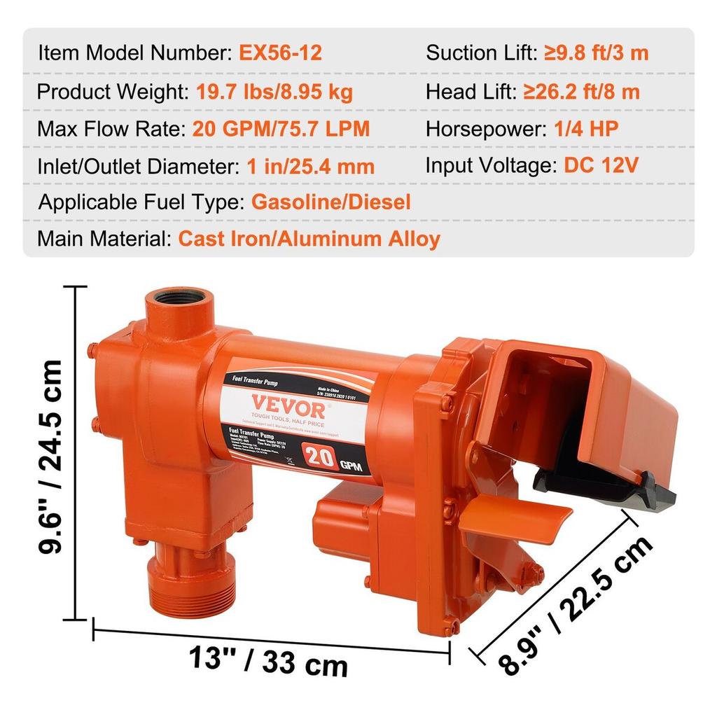 Fuel Transfer Pump, 12V DC 20 GPM 1/4 HP, High Flow Cast Iron Gasoline Extractor Pump with Fuel Collection Box Design for Gasoline, Diesel, Kerosene,
