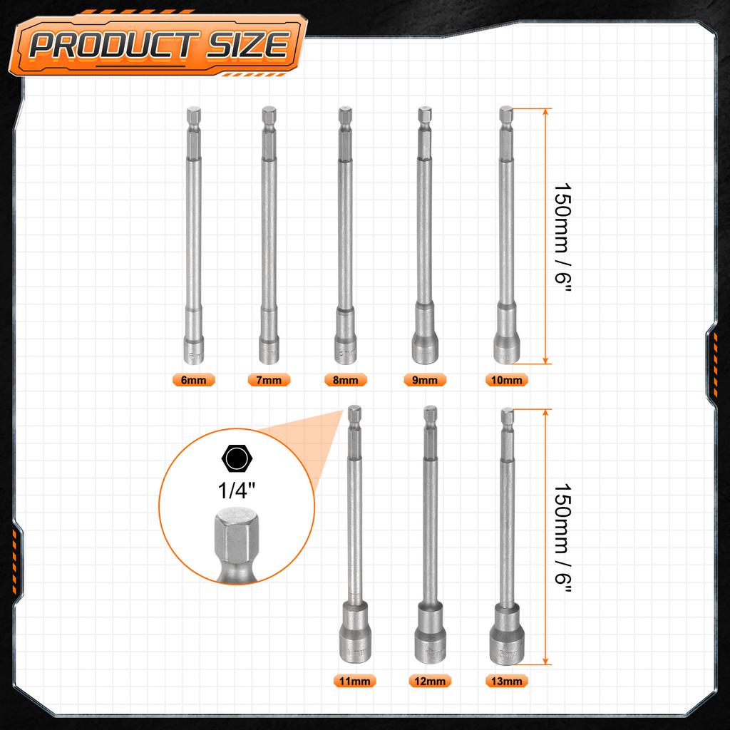3-15pcs Nut Driver Drill Bit Set 5.5-19mm Metric Impact Socket 1/4" Hex Shank 6" (150mm) Extra Long Magnetic 6-Point Sockets