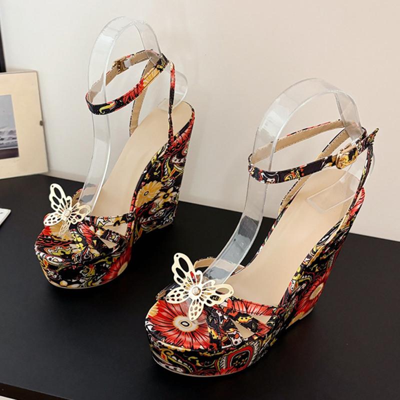 Liyke Fashion Design Metal Butterfly Open Toe Wedge Sandals For Women Flowers Cloth Platform High Heels Summer Party Dress Shoes