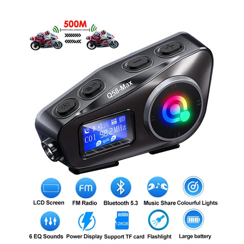 Q58-MAX Motorcycle Helmet Intercom Bluetooth 5.3 Interphone 500M IP65 Waterproof Moto Intercom with Music Sharing LCD Display