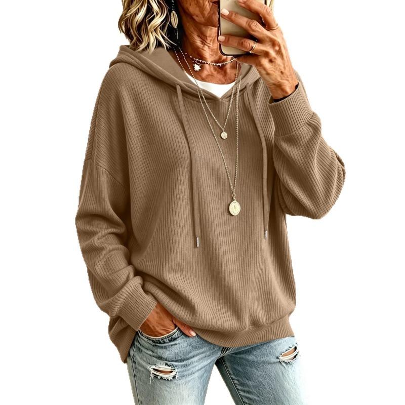Women S Solid Drawstring Hooded Knit Loose Fit Casual Sweatshirt With Pockets