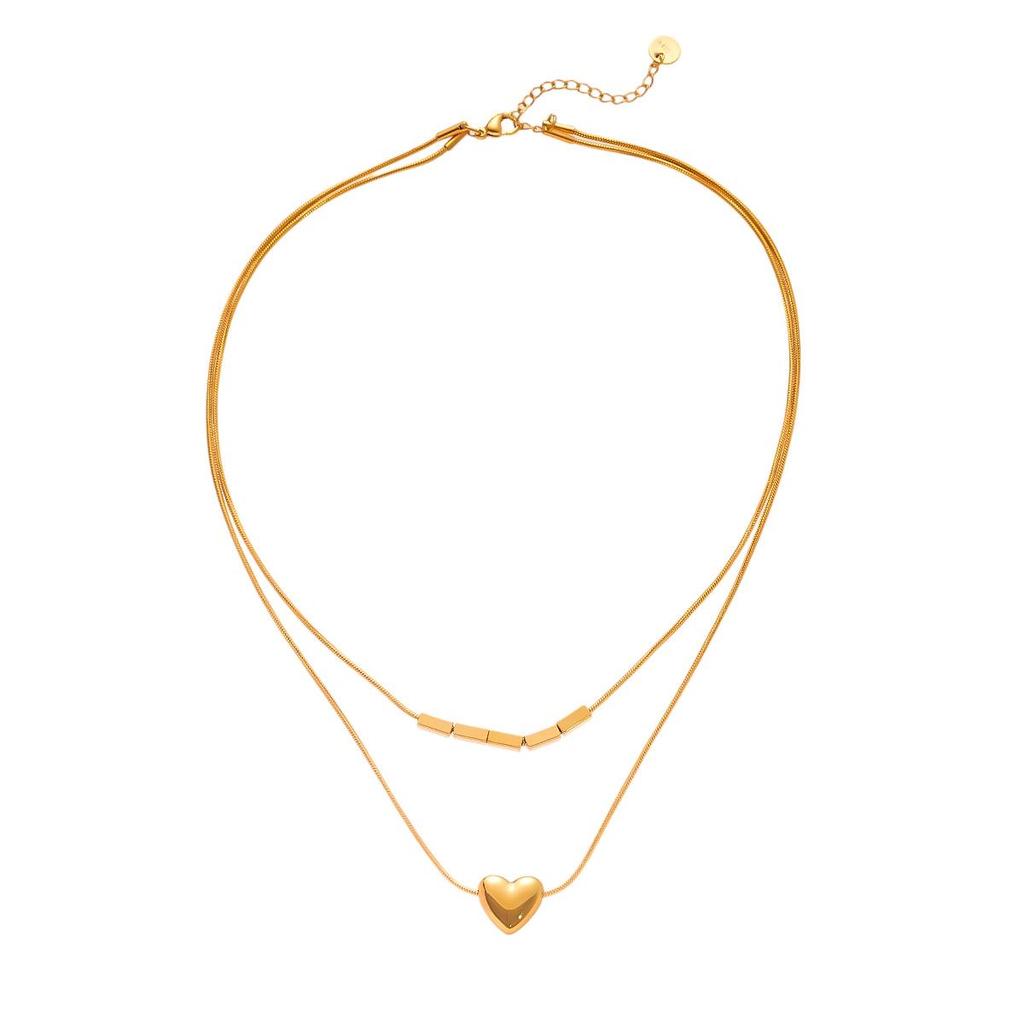 Stainless Steel Double Layer Heart, Star & Round Bead Necklace - Fashionable Clavicle Chain for Women, European, American High-End Style