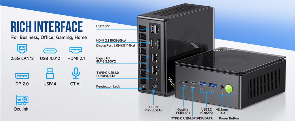 GMKtec-Mini PC K8 Plus Ryzen 7 8845HS, Ordinateur Gamer,Windows11Pro,DDR5, 5600Mhz,PCIe 4.0,Nvme, SSD, WiFi6, BT Stimule Mini PC