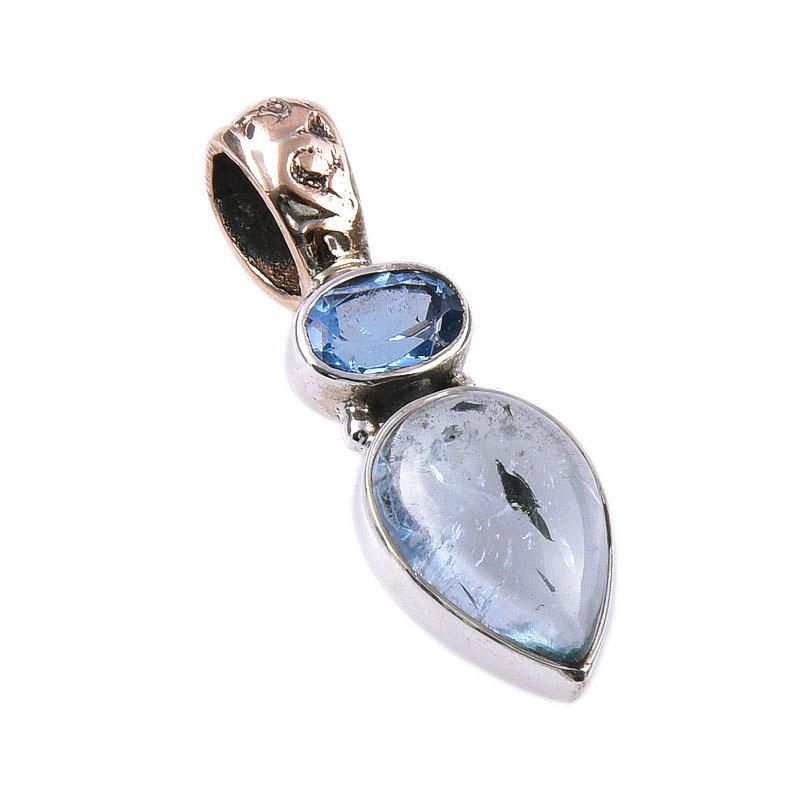 Natural Aquamarine, Blue Topaz 925 Solid Sterling Silver Jewelry Pendant 1" d6c61