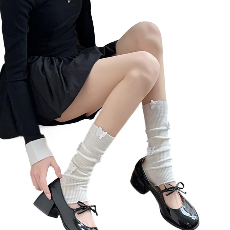 Womens Girls Ballet Style Ribbed Knit Stretch Leg Warmer Japanese Aesthetic Sweet 3D Butterfly Leg Cover Footless Socks