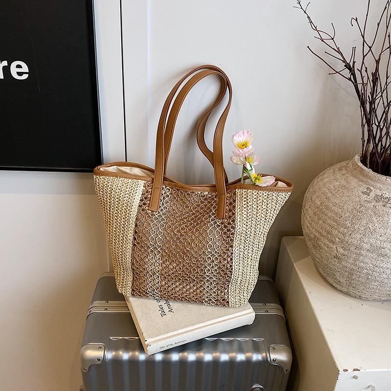 

Летняя плетеная сумка из соломы большой вместимости, женская сумка, новая сумка с полым плетением, модная сумка под мышкой бежевый
