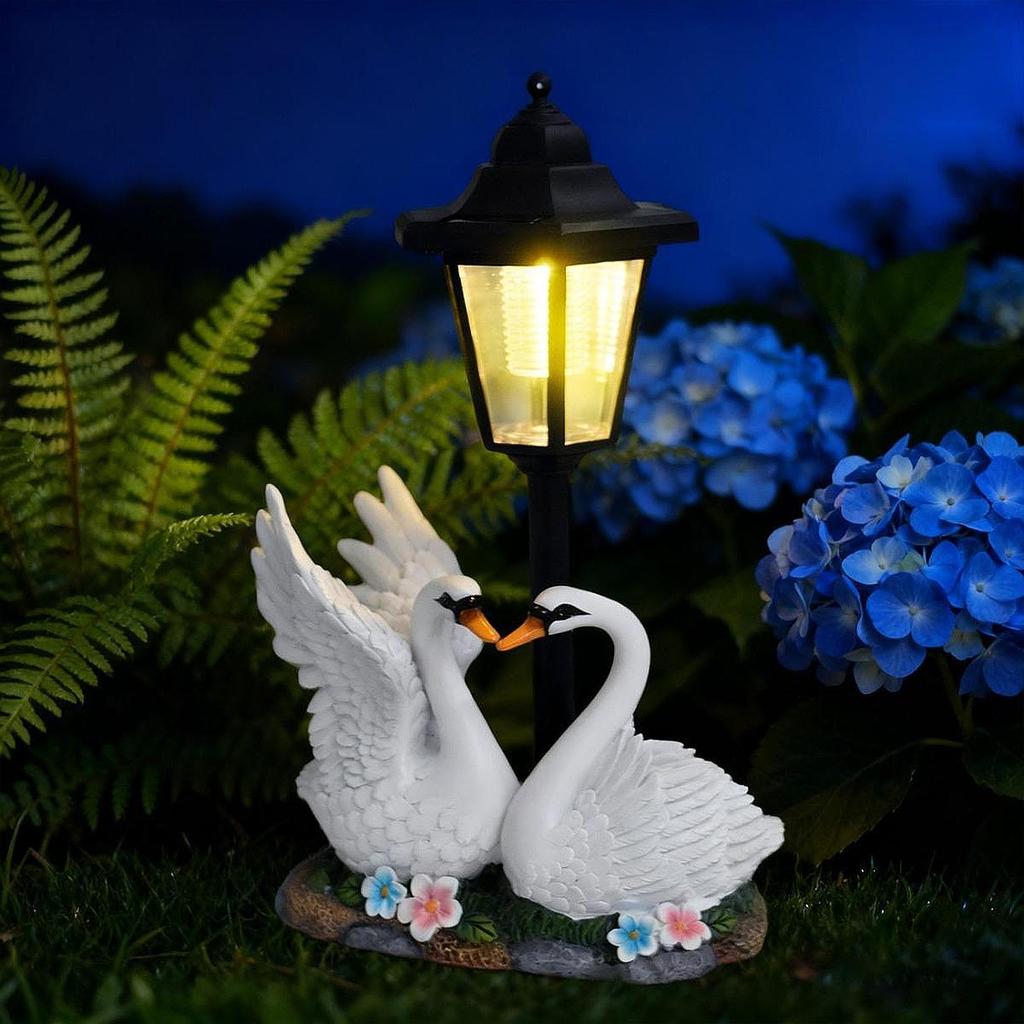 White Swan Garden Animal Sculpture Solar Lamp Resin Decorative Figurine for Patio or Balcony