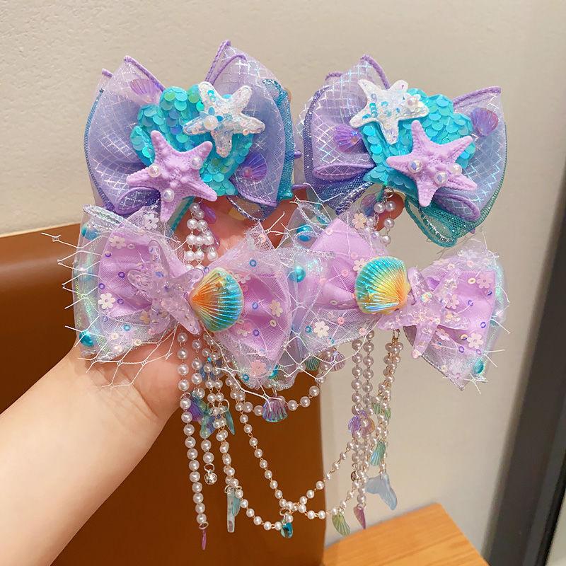 1/2PCS. Girls' Mermaid Hair Accessories: Dreamy Forehead Chains, Princess Tassel Clips & Shell Ear Cuffs,  Adorable  Ornaments