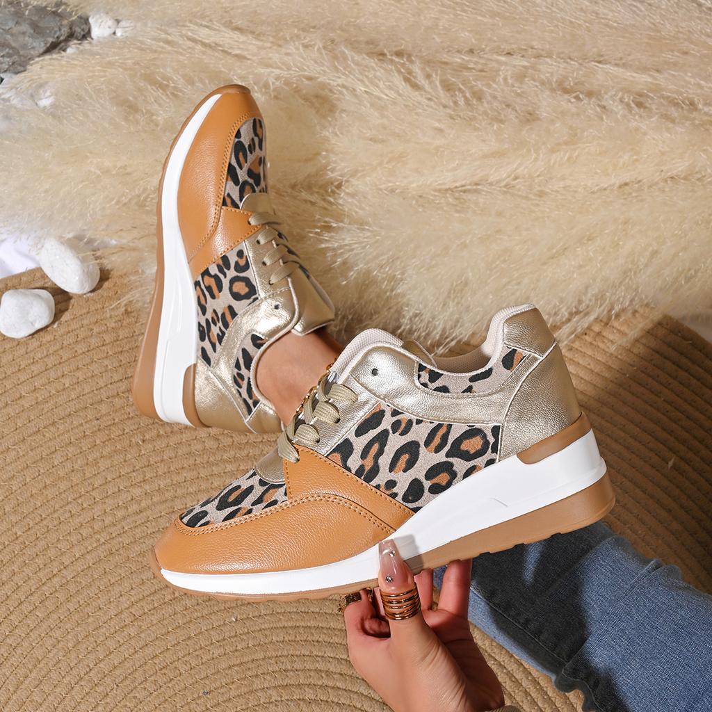 2025 Women Outdoor Platform Round Toe Low-top Leopard Wedges Sneakers Women Trend Lace Up Casual Sports Shoes Zapatos De Mujer
