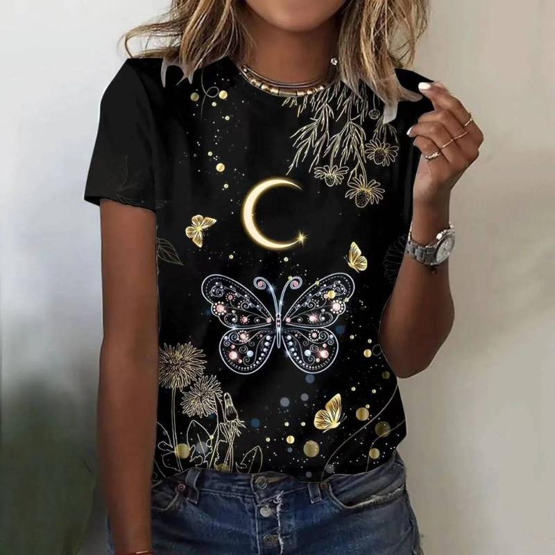 Sunflower and cat print fashionable women's oversized T-shirt