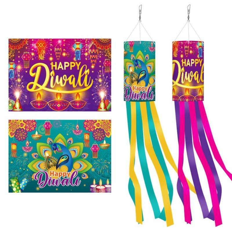 Front Door Diwali Windsock Decoration Hanging Festival Decors with Polyester Fabric and Ribbon Tails for Patio Space
