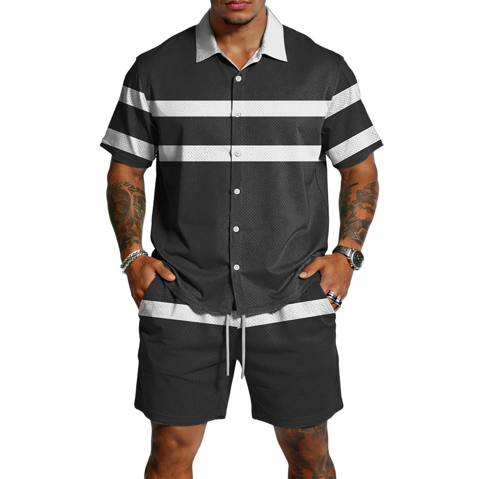 

Мужской повседневный легкий дышащий комплект из рубашки с коротким рукавом и шорт L чёрный