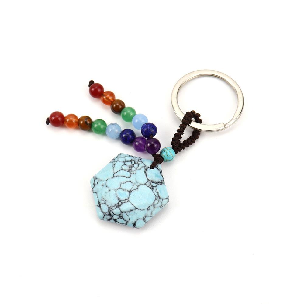 Natural Crystal Stone Hexagram Keychain Pendant Colorful Chakra Beaded Luggage Pendant K44