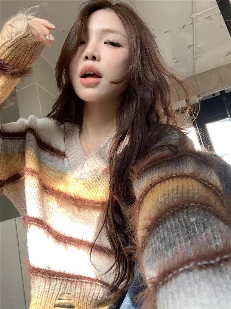 Women's Japanese Retro V-Neck Pullover: Striped Sweater for Autumn/Winter 2024 - Loose, Lazy Style Knit Top