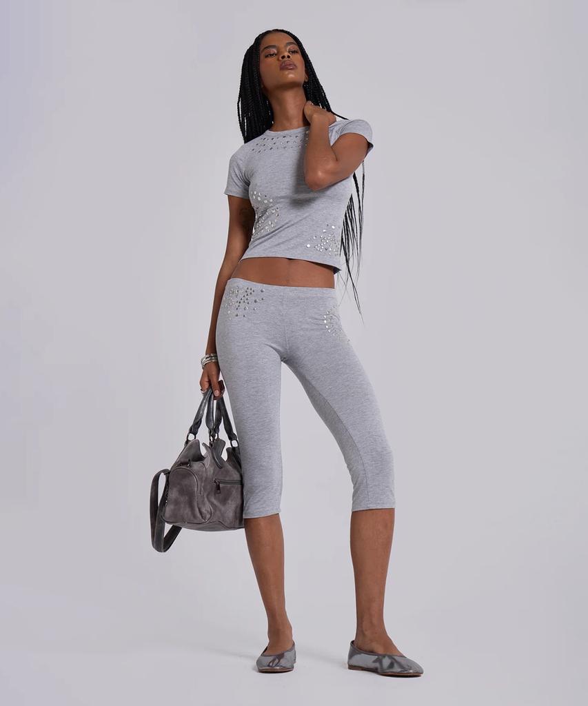 Jeidideuleondeon (W) Studded Grey Marl Capri Leggings Grey