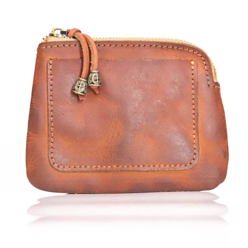 Vintage Vegetable Tanned Leather Coin Purse for Women's Adult Small Wallet, Handmade Old, Color Wiped, Niche Mini Coin Card Bag