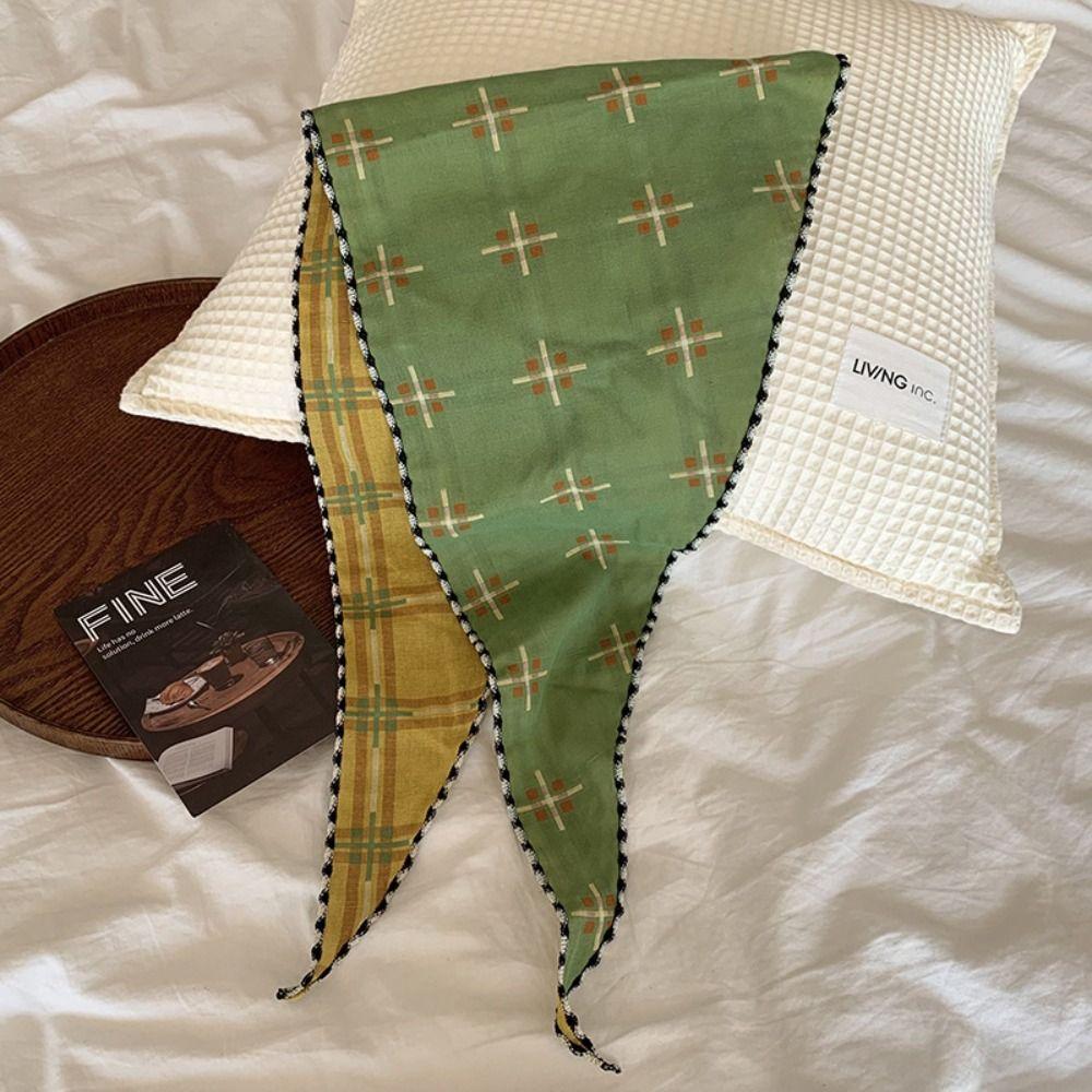 Cotton Pastoral Style Headscarf Thin Triangular Hair Band Fashion Lattice Headscarf  Summer