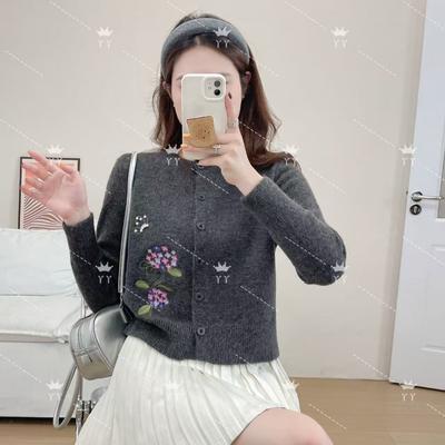 Autumn and Winter New Round Neck Embroidered Single-breasted Retro Simple and Versatile Loose and Thin Knitted Cardigan Women's Sweater Jacket