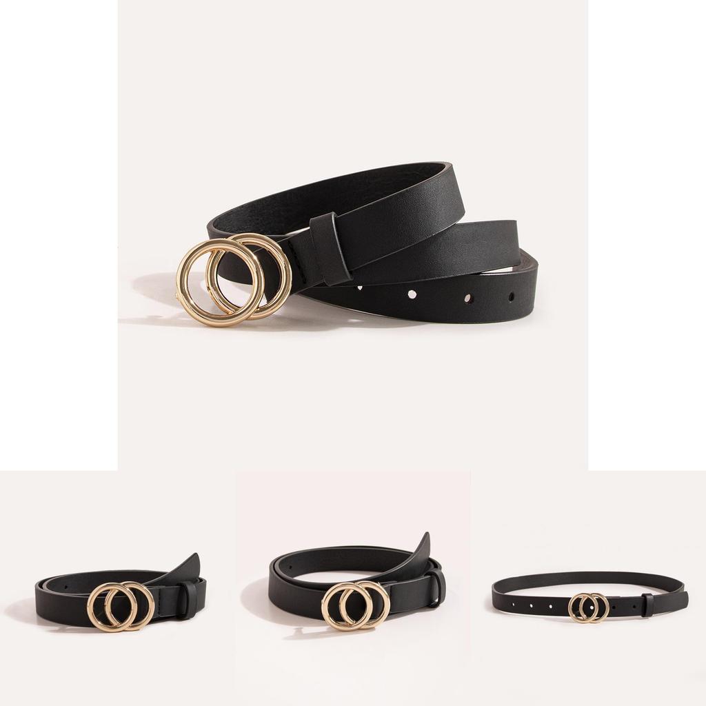 Ladies Double Ring Pu Belt With Alloy Clasp For Stylish Daily Accessory