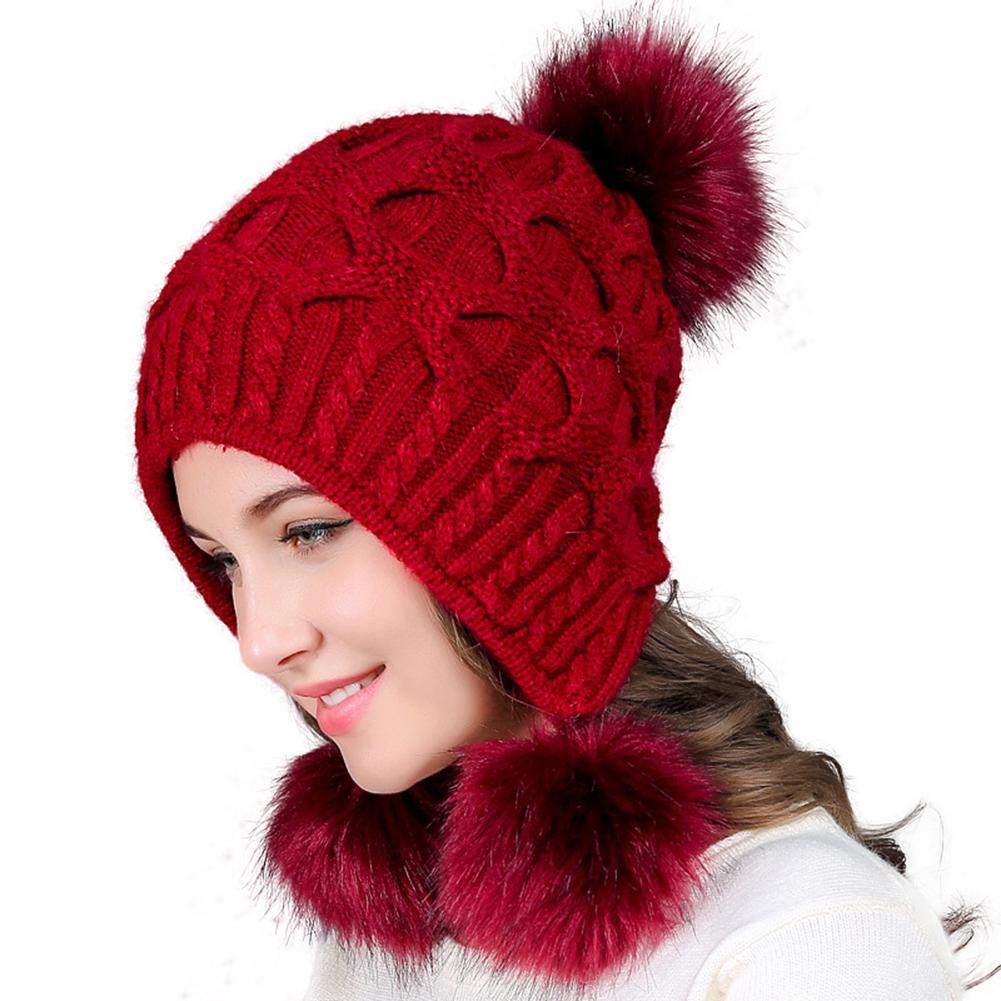 Women Knitted Cap Warm Woolen Hat with Plush Fuzzy Balls for Autumn Winter