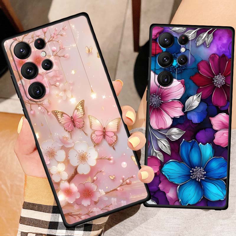 Butterfly flower pattern Phone Case For Samsung Galaxy S26 S25 S24 S23 S22 S21 S20 Ultra Plus FE 5G Black Soft TPU