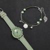 2PCs/Set Fashion Women's Watch Round Flower Dial Leather Strap Quartz Watch with Green Flower Bracelet