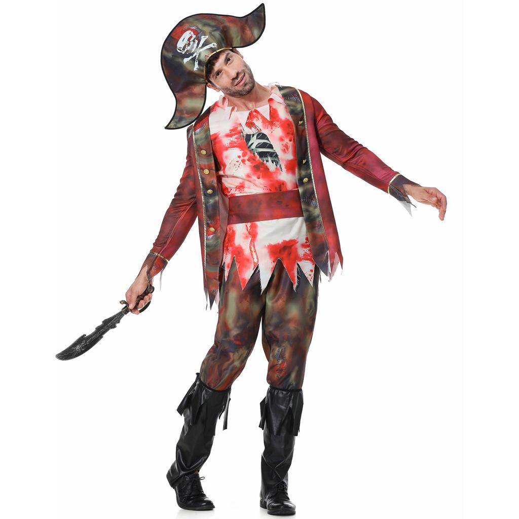 Men's Pirates of the Caribbean Captain Costume Halloween Cos ONE PIECE Blood Stained Zombie Men's Pirate Costume
